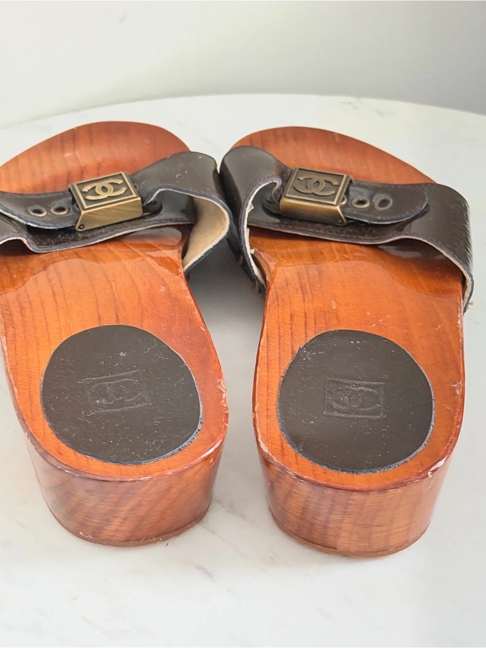 CHANEL Wood Slide Sandals with Gold CC Hardware Size 36 - Picture 9 of 12